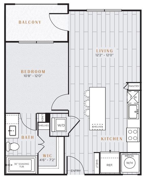 Floor plan for 1 bed, 1 bath, 645 sqft